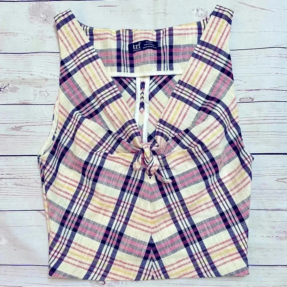 🎀EUC 🎀 Zara Womens TRF Plaid Crop Tank Top Sleeveless XS Bow Detail Pink Black